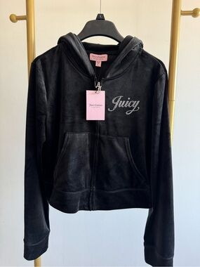 Juicy Couture Black Velour Zip Hoodie with Crystal 'Juicy' Logo